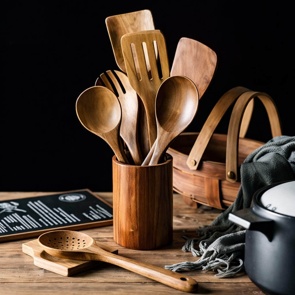 Ensemble traditionnel d’ustensiles de cuisine en bois japonais
